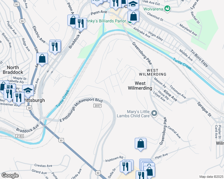 map of restaurants, bars, coffee shops, grocery stores, and more near 206 Spring Street in North Versailles