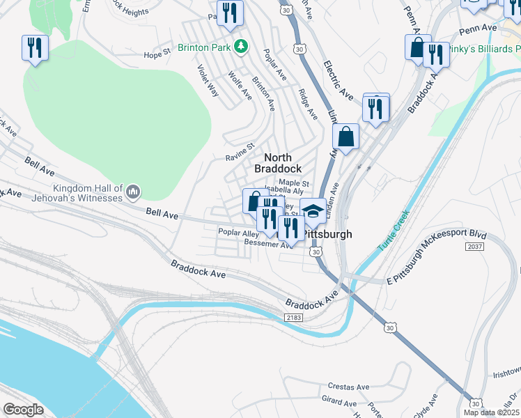 map of restaurants, bars, coffee shops, grocery stores, and more near 408 Franklin Street in East Pittsburgh