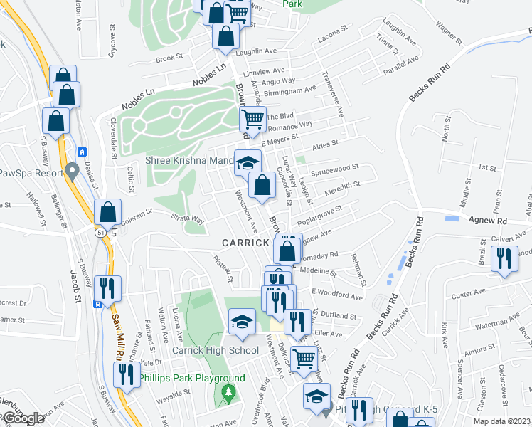 map of restaurants, bars, coffee shops, grocery stores, and more near in Pittsburgh