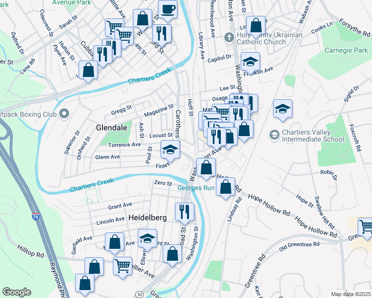 map of restaurants, bars, coffee shops, grocery stores, and more near in Scott Township