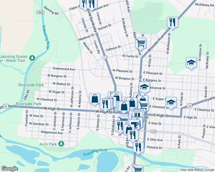 map of restaurants, bars, coffee shops, grocery stores, and more near 267 North Sandusky Street in Mount Vernon