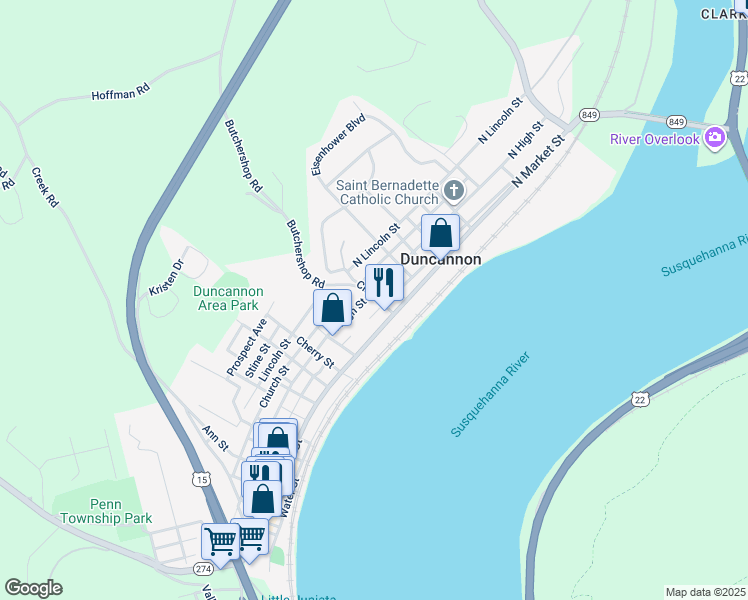 map of restaurants, bars, coffee shops, grocery stores, and more near 17 Clark Street in Duncannon