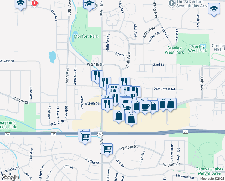 map of restaurants, bars, coffee shops, grocery stores, and more near 2510 47th Avenue in Greeley