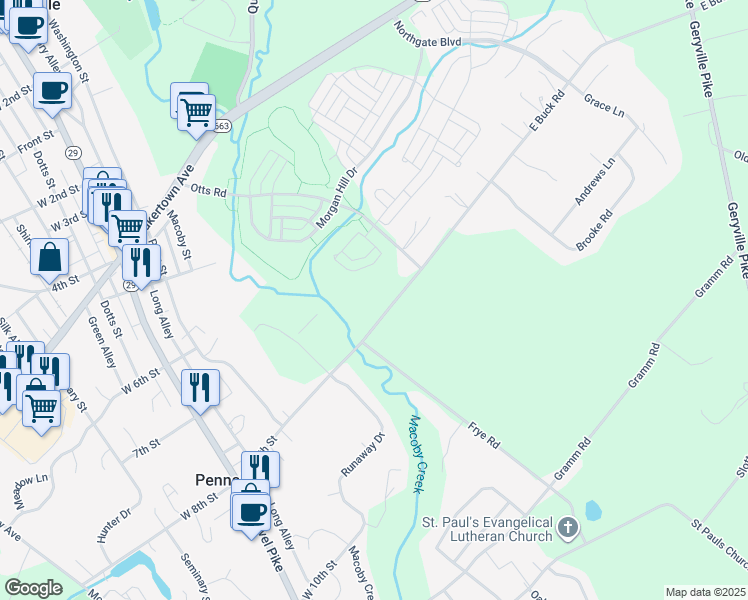 map of restaurants, bars, coffee shops, grocery stores, and more near 2229 East Buck Road in Pennsburg