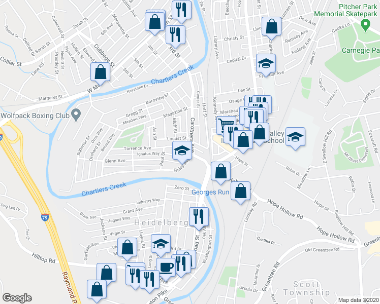 map of restaurants, bars, coffee shops, grocery stores, and more near 624 Carothers Avenue in Carnegie