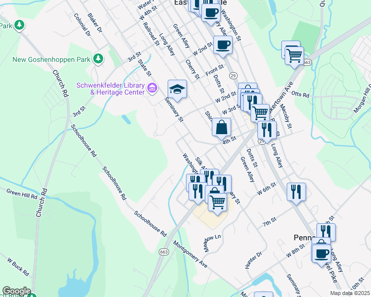 map of restaurants, bars, coffee shops, grocery stores, and more near 322 Washington Street in Pennsburg