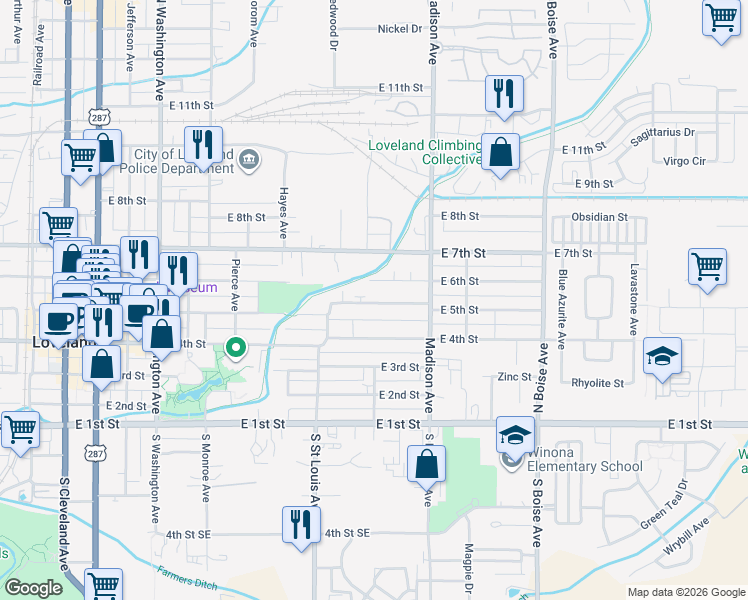 map of restaurants, bars, coffee shops, grocery stores, and more near 1157 East 5th Street in Loveland