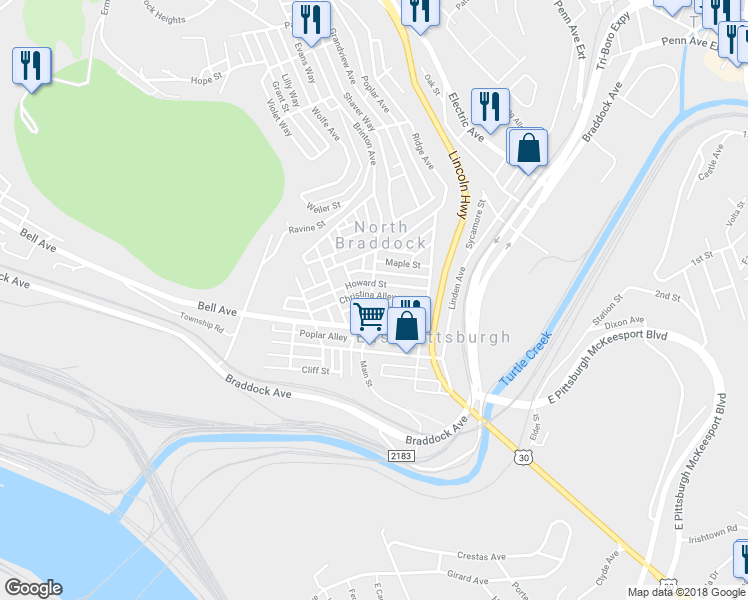 map of restaurants, bars, coffee shops, grocery stores, and more near 501 Franklin Street in East Pittsburgh