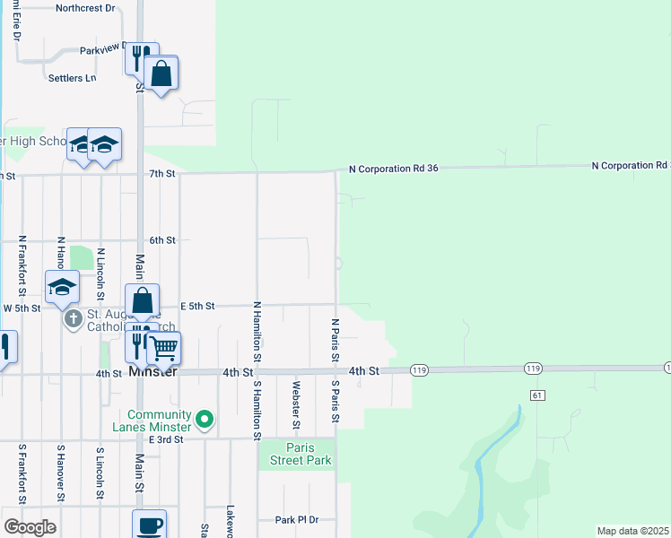 map of restaurants, bars, coffee shops, grocery stores, and more near 153 North Paris Street in Minster