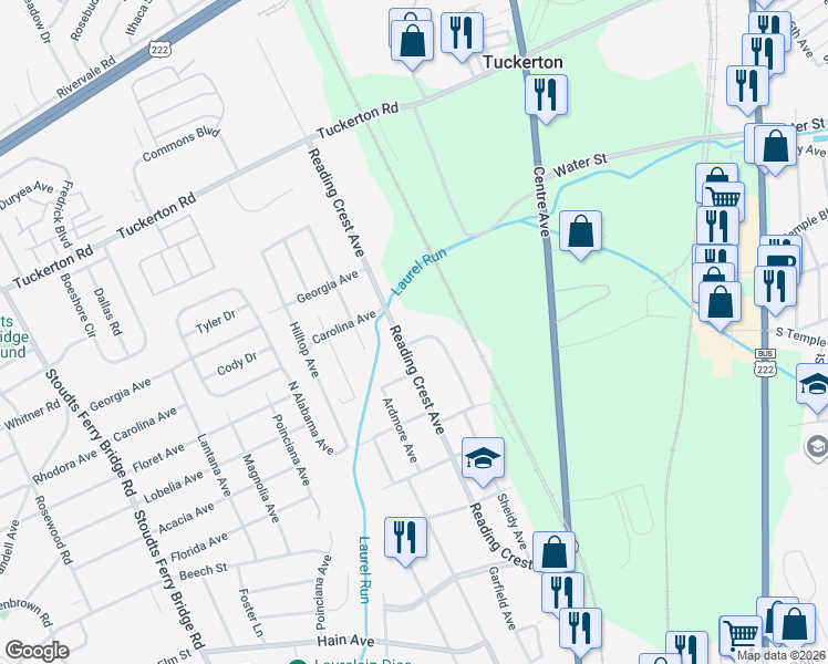 map of restaurants, bars, coffee shops, grocery stores, and more near 3630 Willingham Avenue in Reading