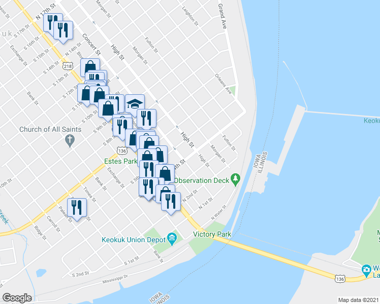 map of restaurants, bars, coffee shops, grocery stores, and more near 220 North 4th Street in Keokuk