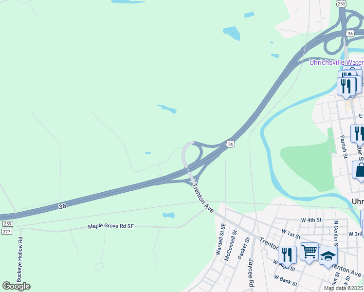 map of restaurants, bars, coffee shops, grocery stores, and more near 5213 Spanson Drive Southeast in Uhrichsville
