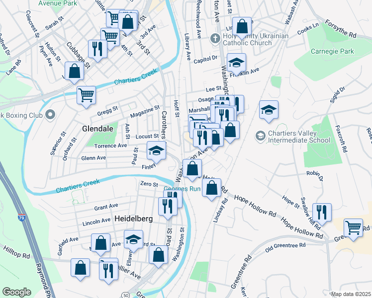 map of restaurants, bars, coffee shops, grocery stores, and more near 1219 Front Street in Carnegie