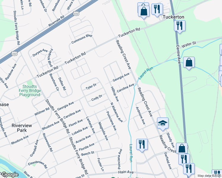 map of restaurants, bars, coffee shops, grocery stores, and more near 3906 Hilltop Ave in Reading