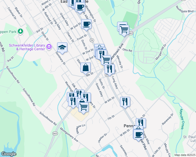 map of restaurants, bars, coffee shops, grocery stores, and more near 437 Dotts Street in Pennsburg