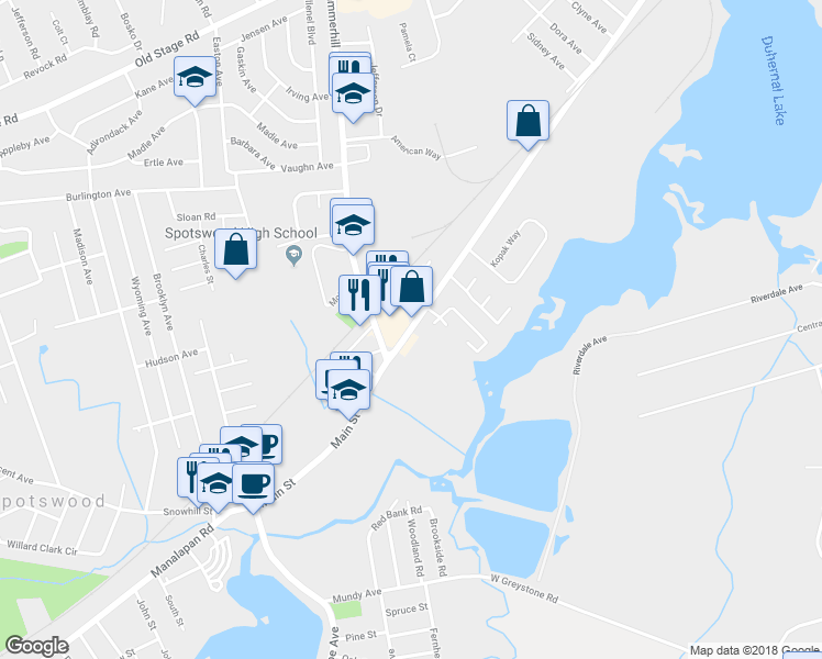 map of restaurants, bars, coffee shops, grocery stores, and more near 265 Main Street in Spotswood