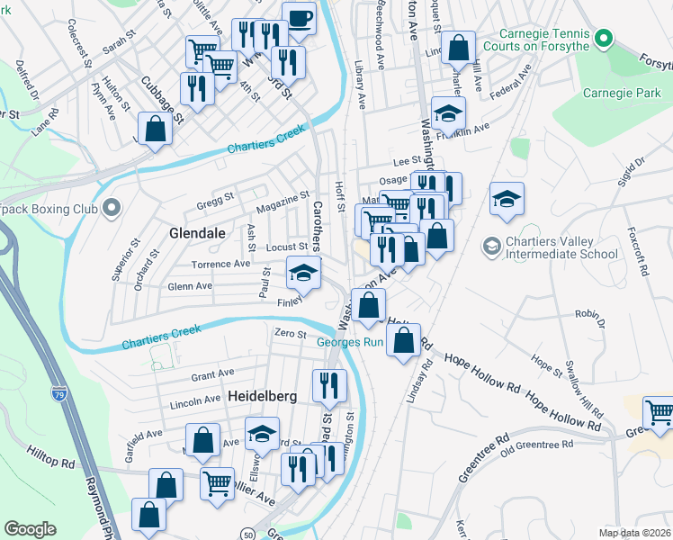 map of restaurants, bars, coffee shops, grocery stores, and more near 13 Willard Street in Carnegie