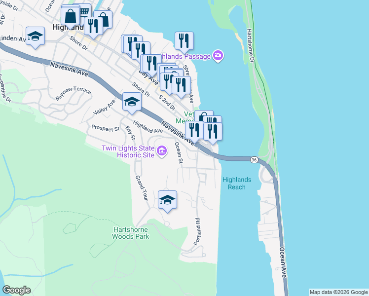 map of restaurants, bars, coffee shops, grocery stores, and more near 15 Ocean Street in Highlands