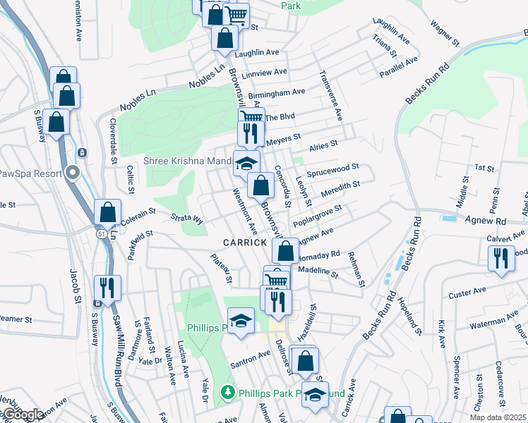 map of restaurants, bars, coffee shops, grocery stores, and more near 1810 Brownsville Road in Pittsburgh