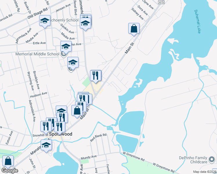 map of restaurants, bars, coffee shops, grocery stores, and more near 289 Main Street in Spotswood