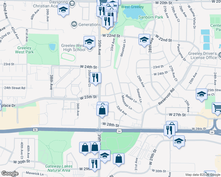 map of restaurants, bars, coffee shops, grocery stores, and more near 2425 33rd Avenue in Greeley