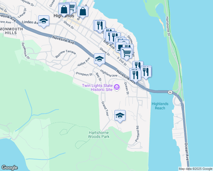 map of restaurants, bars, coffee shops, grocery stores, and more near 55 Grand Tour in Highlands