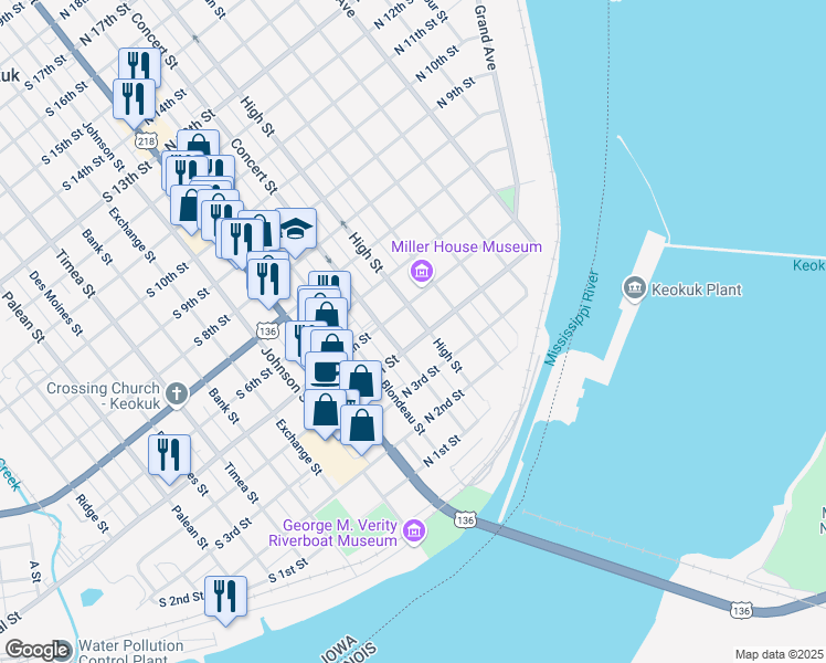map of restaurants, bars, coffee shops, grocery stores, and more near 220 North 4th Street in Keokuk