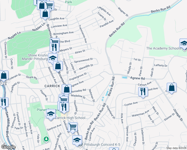 map of restaurants, bars, coffee shops, grocery stores, and more near 320 East Agnew Avenue in Pittsburgh
