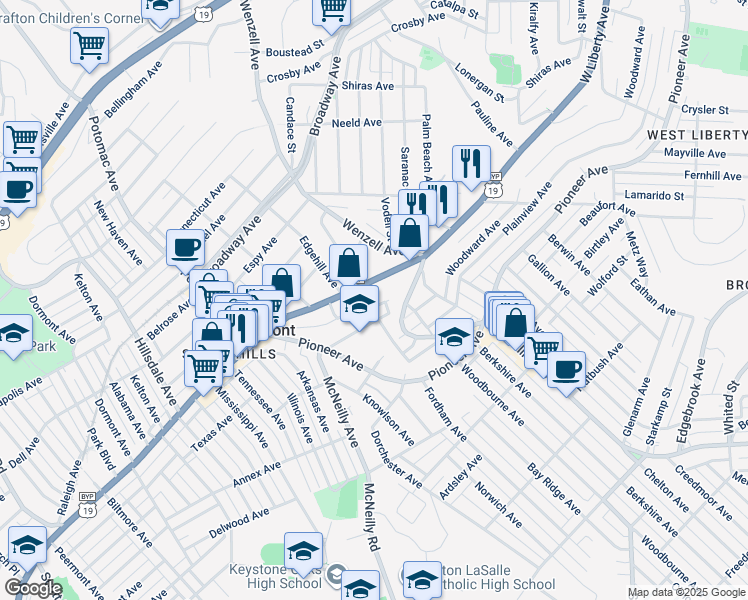 map of restaurants, bars, coffee shops, grocery stores, and more near 2665 Amman Street in Pittsburgh