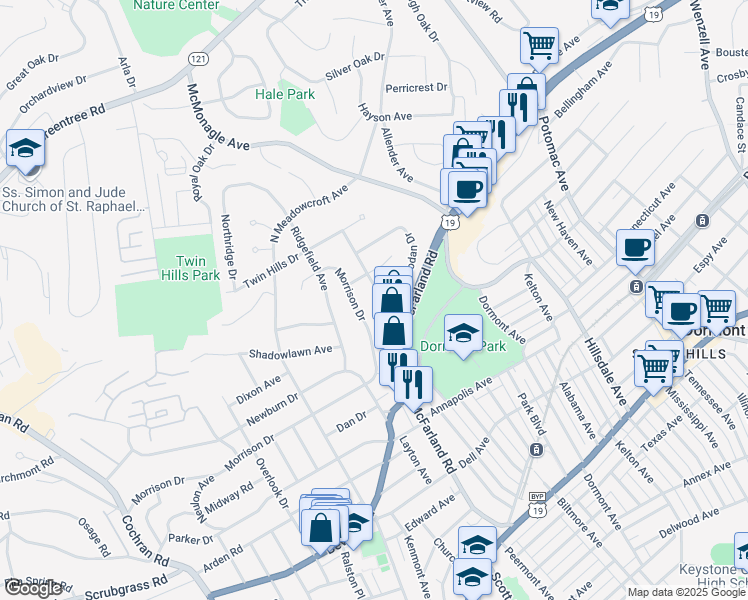 map of restaurants, bars, coffee shops, grocery stores, and more near 1725 Helen Drive in Pittsburgh