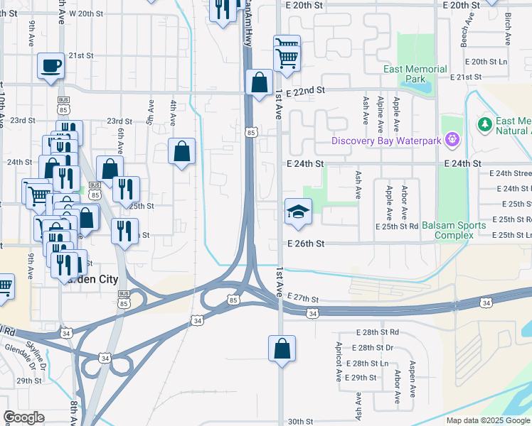 map of restaurants, bars, coffee shops, grocery stores, and more near 2505 1st Avenue in Greeley