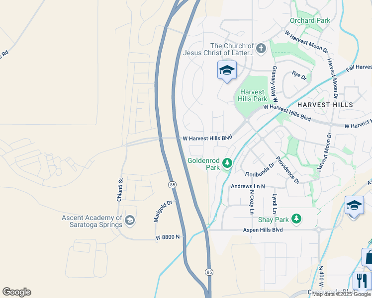 map of restaurants, bars, coffee shops, grocery stores, and more near 1911 North Lemongrass Drive in Saratoga Springs