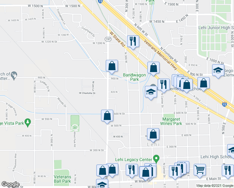 map of restaurants, bars, coffee shops, grocery stores, and more near 443 West 820 North in Lehi