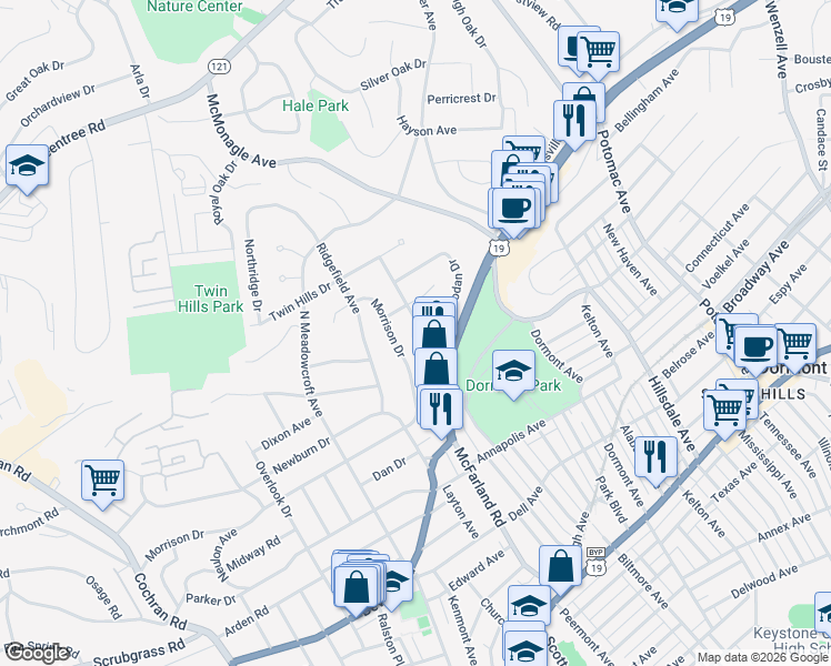 map of restaurants, bars, coffee shops, grocery stores, and more near 1735 Helen Drive in Pittsburgh