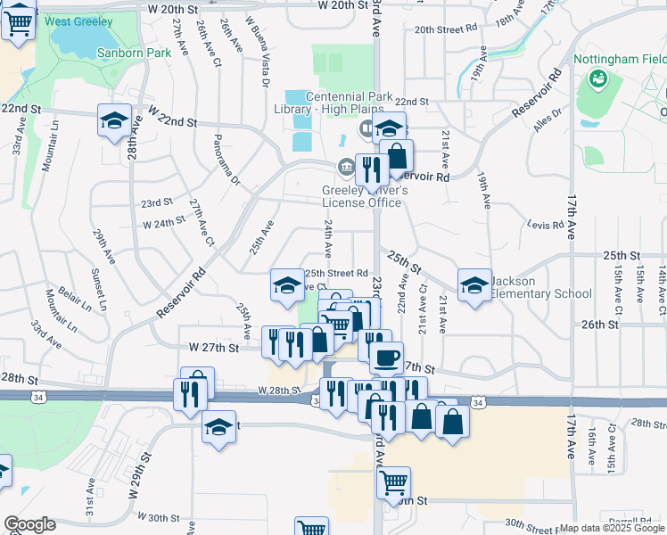 map of restaurants, bars, coffee shops, grocery stores, and more near 2333 25th Street Road in Greeley