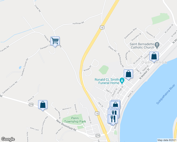 map of restaurants, bars, coffee shops, grocery stores, and more near 5 Suzanne Drive in Duncannon