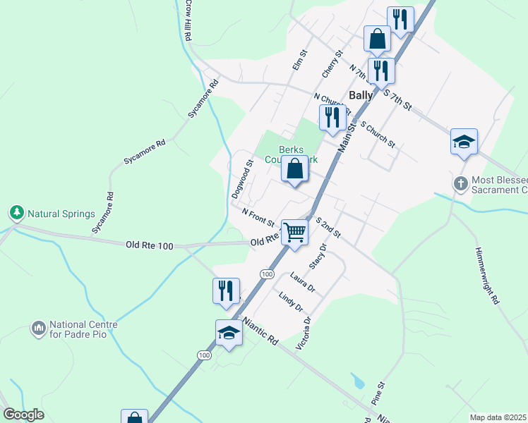 map of restaurants, bars, coffee shops, grocery stores, and more near 20 North Front Street in Bally