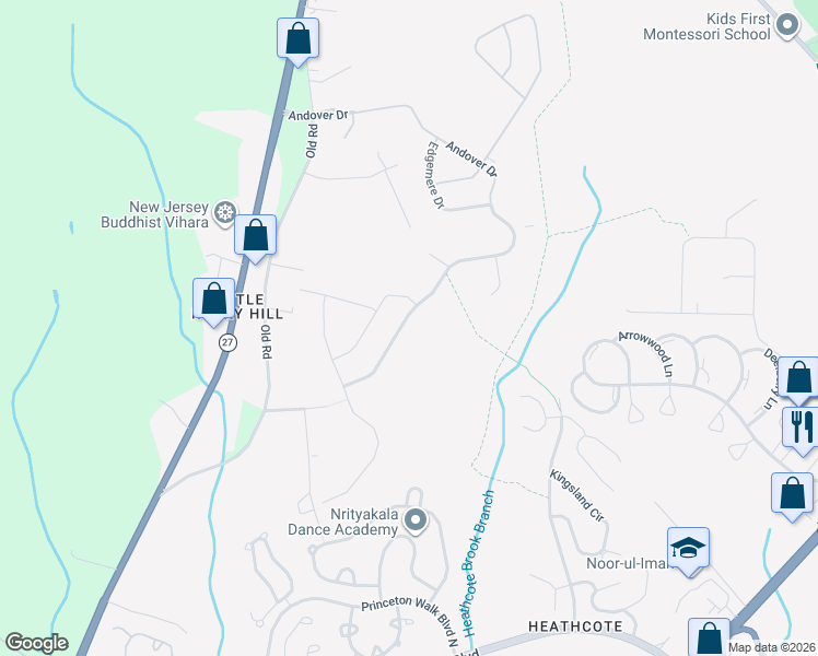 map of restaurants, bars, coffee shops, grocery stores, and more near 117 Andover Drive in South Brunswick Township