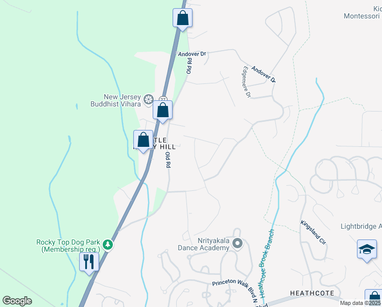 map of restaurants, bars, coffee shops, grocery stores, and more near 16 Hardwick Drive in South Brunswick Township