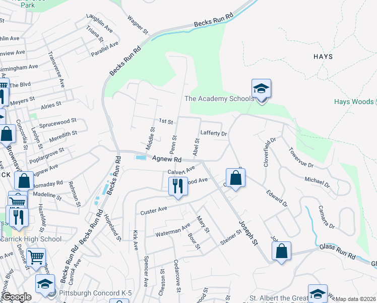 map of restaurants, bars, coffee shops, grocery stores, and more near 629 Agnew Road in Pittsburgh