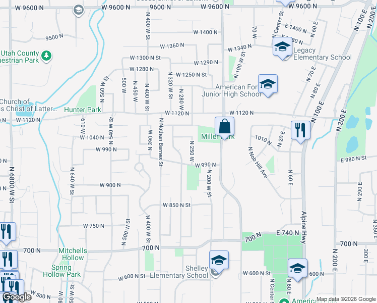 map of restaurants, bars, coffee shops, grocery stores, and more near 1029 North 250 West in American Fork