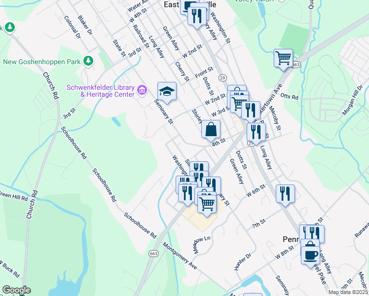 map of restaurants, bars, coffee shops, grocery stores, and more near 342 Washington Street in Pennsburg
