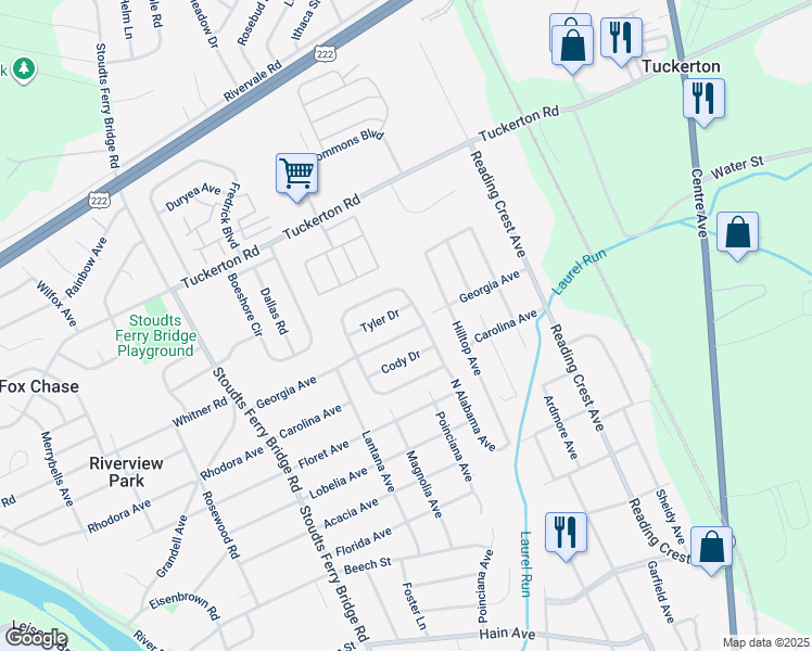 map of restaurants, bars, coffee shops, grocery stores, and more near 605 Georgia Avenue in Reading