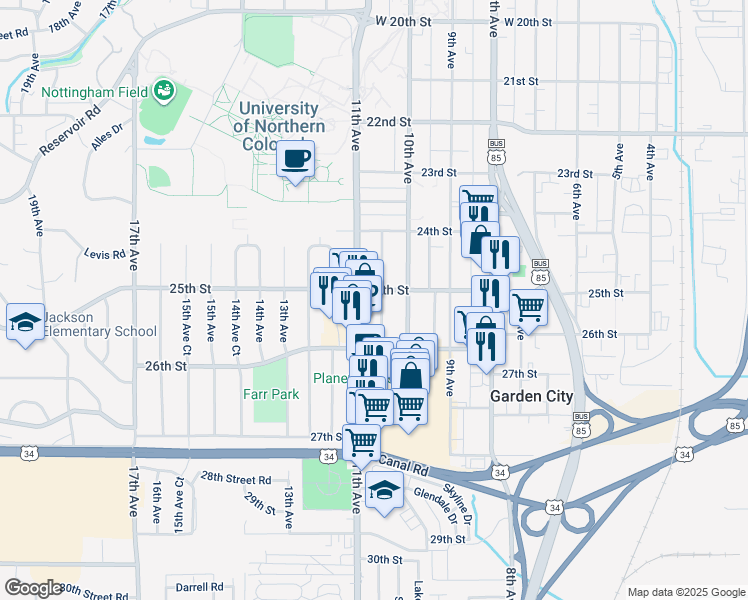 map of restaurants, bars, coffee shops, grocery stores, and more near 2522 10th Avenue Court in Greeley