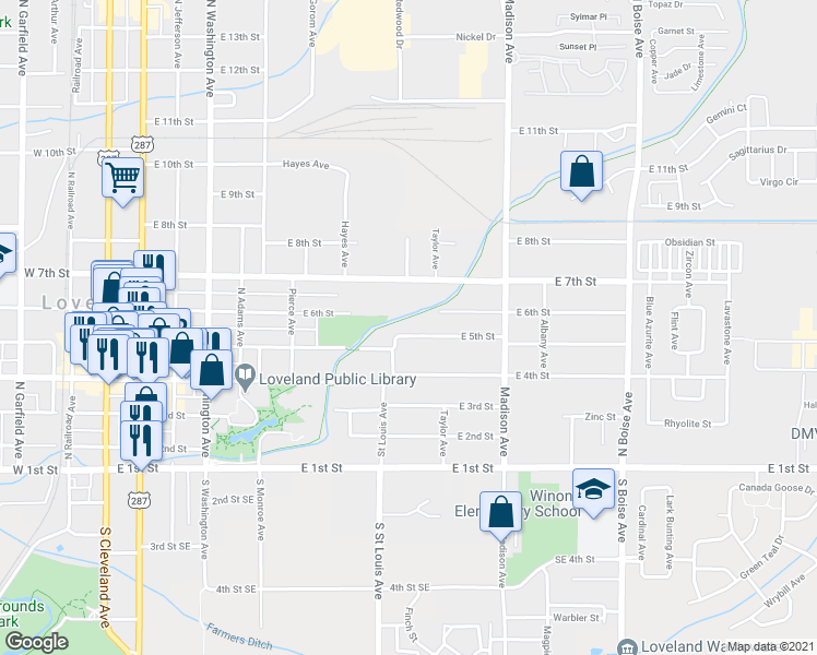map of restaurants, bars, coffee shops, grocery stores, and more near 1088 East 5th Street in Loveland