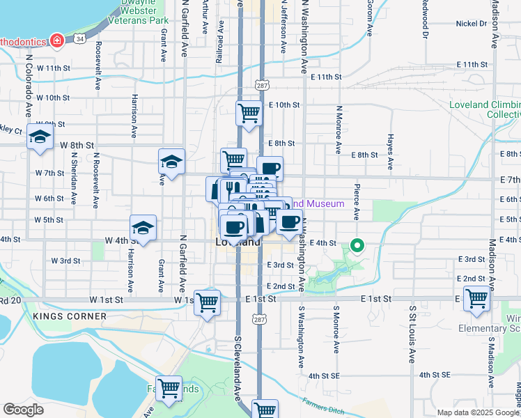 map of restaurants, bars, coffee shops, grocery stores, and more near 503 North Lincoln Avenue in Loveland