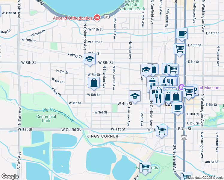 map of restaurants, bars, coffee shops, grocery stores, and more near 521 West 5th Street in Loveland