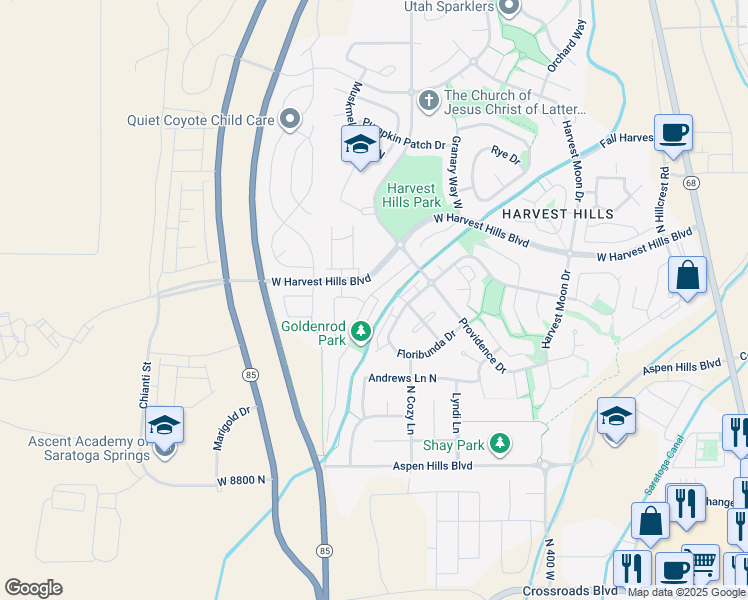 map of restaurants, bars, coffee shops, grocery stores, and more near 1887 Bountiful Way in Saratoga Springs