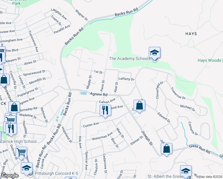 map of restaurants, bars, coffee shops, grocery stores, and more near 629 Agnew Road in Pittsburgh