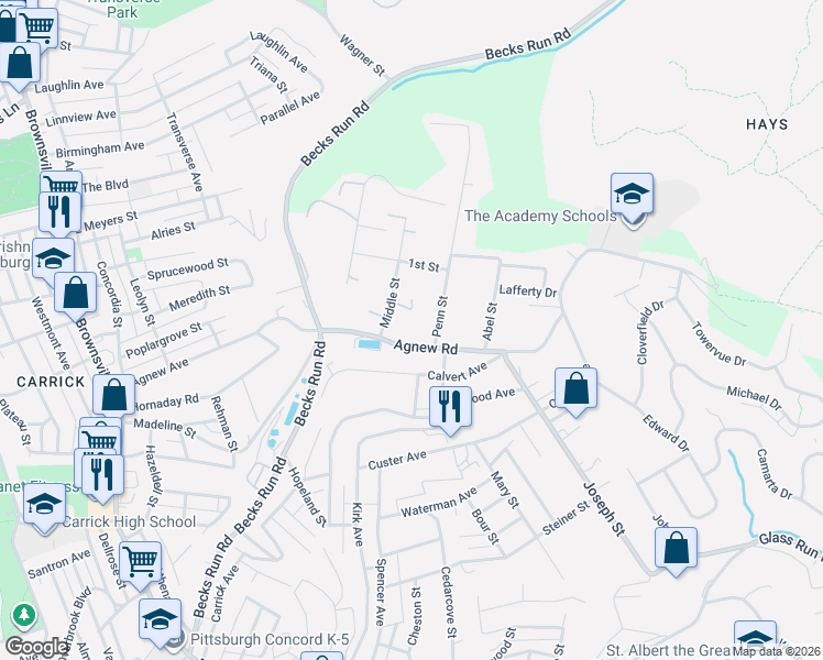 map of restaurants, bars, coffee shops, grocery stores, and more near 518 Agnew Road in Pittsburgh
